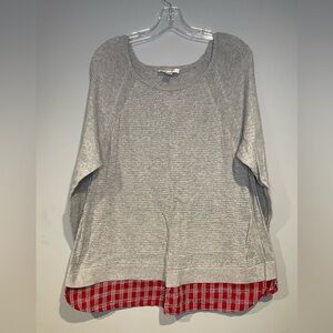 Christopher & Banks Grey Sweater Red plaid Holiday 100% Cotton Stretch Size XL